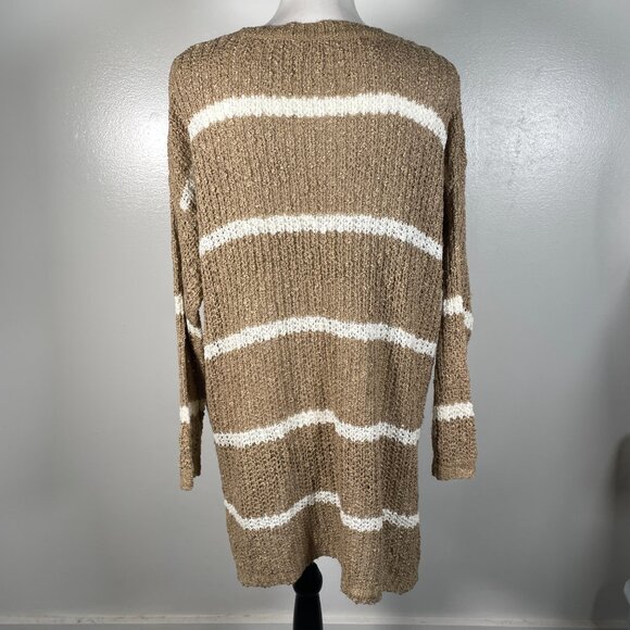 Double Zero Brown White Stripes Round Crew Neck Long Sleeve Knit Sweater M - Picture 9 of 14